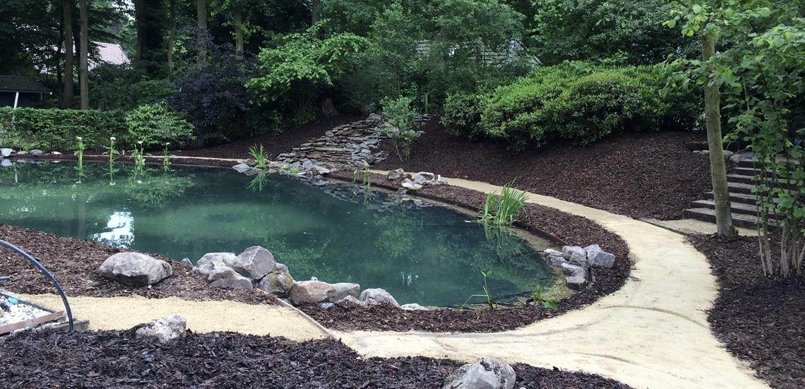 Grote vijver met waterval bij landhuis